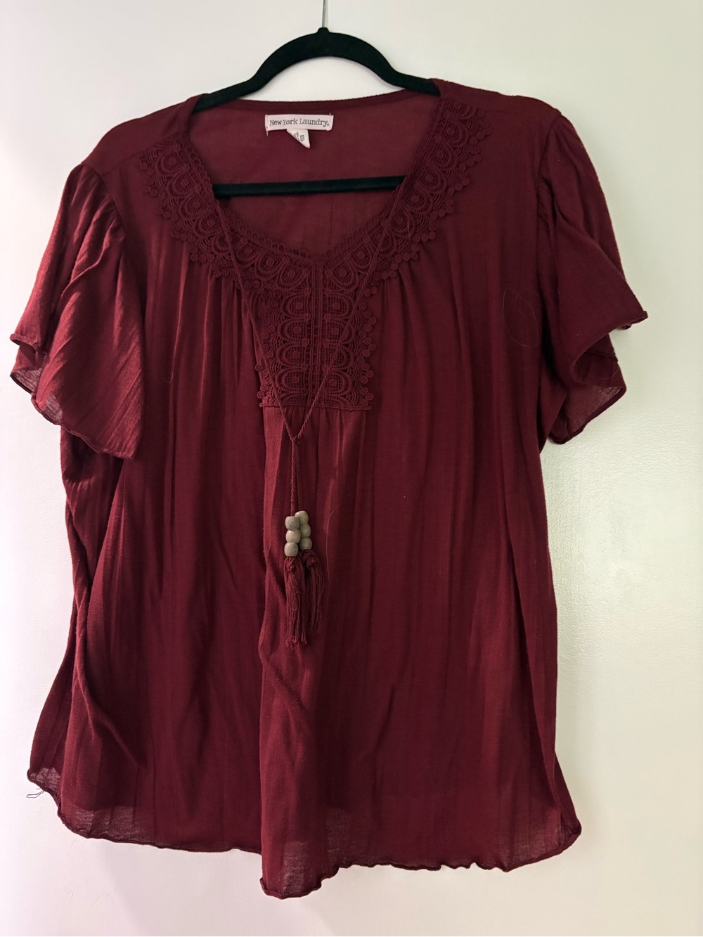 New York Laundry Burgundy Lace-Trim Tassel Blouse
